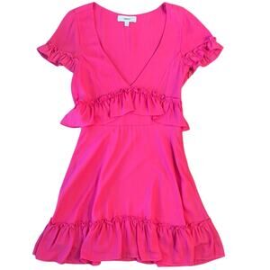 LIKELY Brason Dress Ruffle Trim Flowy V Neck Cap Sleeve Party Barbiecore Pink 6